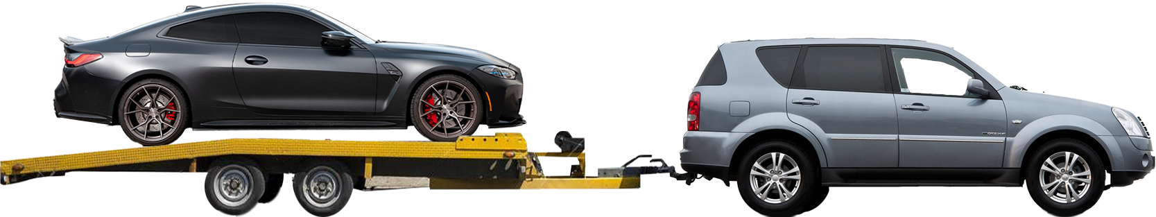 Photo of car towing andother car on a trailer